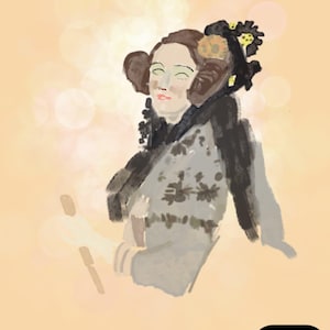 Puede incluir: Ilustración digital de una persona con los ojos cerrados, vestida con un atuendo oscuro con estampados florales. La persona tiene el pelo castaño recogido en un moño y un tocado negro con detalles amarillos. El fondo es de un color melocotón suave y borroso con bokeh claro.