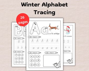 Puede incluir: Un conjunto de hojas de trabajo para trazar el alfabeto con temática invernal. Las páginas presentan letras mayúsculas y minúsculas, con ilustraciones como una gacela y un muñeco de nieve. Las hojas de trabajo incluyen actividades de trazado, coloreado y dibujo. Un círculo rojo indica 26 páginas.
