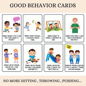 以下が含まれることがあります： テキスト付きの8枚のイラスト入り行動カードのセット。カードには、子供たちが互いに、そしておもちゃと交流している様子が描かれています。カードには「もらえますか？」や「シェアしてくれてありがとう」などのフレーズが書かれています。