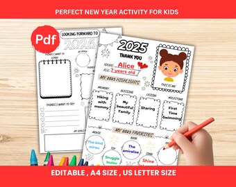New Year's Resolution Printable for kids , 2025 Year in Review and 2026 Goals Worksheet , 2025 Year in Review, All About My 2025 Printable