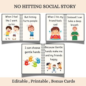May include: A social story titled "NO HITTING SOCIAL STORY" with illustrations and text. The story teaches children about managing anger and choosing gentle actions. The text includes phrases like "When I feel like I want to hit" and "I can choose gentle hands."