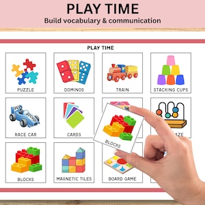 Peut inclure: Affiche éducative "PLAY TIME" avec la phrase "Build vocabulary & communication". Elle présente des illustrations d'un puzzle, de dominos, d'un train, de tasses empilables, d'une voiture de course, de cartes, de blocs, de tuiles magnétiques et d'un jeu de société.
