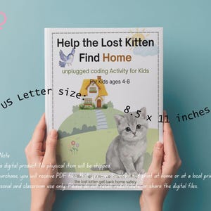 Könnte beinhalten: Buchcover "Help the Lost Kitten Find Home" mit Illustration eines Kätzchens, Hauses und Vogels. Das Buch ist 21.6 x 27.9 cm groß, für Kinder von 4-8 Jahren. Der Text "US Letter size" ist ebenfalls sichtbar.