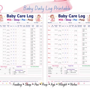 Pode incluir: Um diário imprimível para cuidados com o bebê com o texto "Baby Daily Log Printable" e "Baby Care Log Milk - Sleep - Pee - Poop". O diário inclui seções para rastrear alimentação, sono e trocas de fraldas. O design apresenta um esquema de cores rosa e branco.