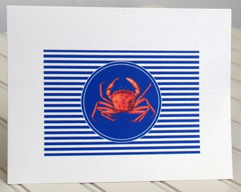 Nautical Crab Greeting Card   Blue Line Notes  Beach Theme  Coastal Life  Custom Cards  Note Cards Boater Gift  Hostess Gift