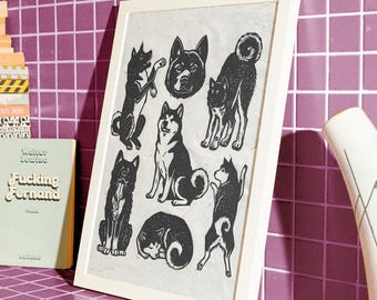 Akita – Original Linoldruck, auf handgeschöpftem Papier | Handgemachter Kunstdruck | Unikat