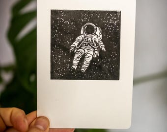Astronaut – Original Linoldruck auf Kraftpapier| Handgemachter Kunstdruck