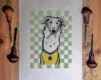 longboi – Original Linoldruck auf handgeschöpften Papier in mint und gelb | Handgemachter Kunstdruck | Unikat