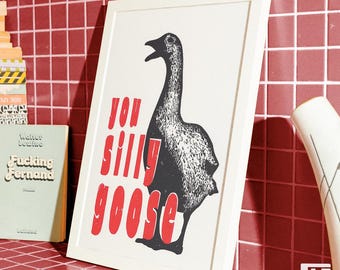 Silly Goose Sonderserie zur 1. Ausstellung – Original Linoldruck auf Papier "Weinrot" | Handgemachter Kunstdruck | Unikat