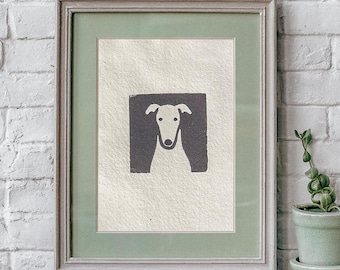 Max der Windhund – Original Linoldruck auf handgeschöpften Papier | Handgemachter Kunstdruck | Unikat