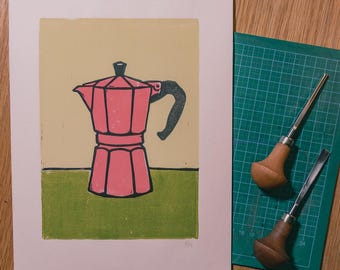 Mokkapot (retro) – Original Linoldruck auf handgeschöpften Papier | Handgemachter Kunstdruck | Unikat