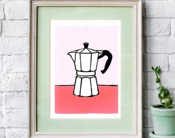Mokkapot (rosa/rot) – Original Linoldruck auf handgeschöpften Papier | Handgemachter Kunstdruck | Unikat