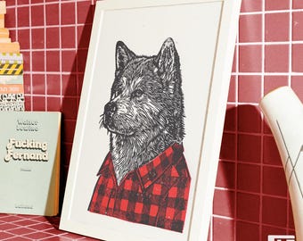 Mausbär Sonderserie zur 1. Ausstellung – Original Linoldruck auf Papier "Weinrot" | Handgemachter Kunstdruck | Unikat