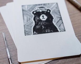 Schummelbär – Original Linoldruck auf Kraftpapier| Handgemachter Kunstdruck