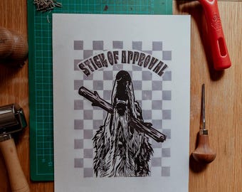 Stick of Approval – Original Linoldruck auf handgeschöpften Papier in lila | Handgemachter Kunstdruck | Unikat