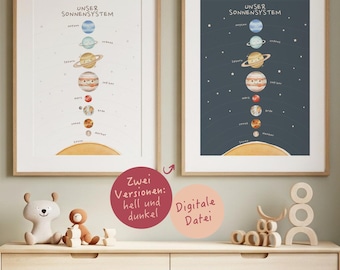 Solar system learning poster | Space poster for children's rooms | Planet poster decoration | Montessori learning material | Gift for school enrollment | Wall decoration