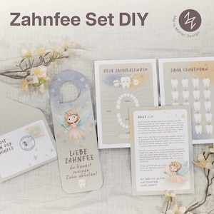 May include: A Tooth Fairy DIY set with stationery. It includes a door hanger with a fairy illustration, a postcard, a tooth calendar, and a countdown chart. The set features soft pastel colours and whimsical designs.