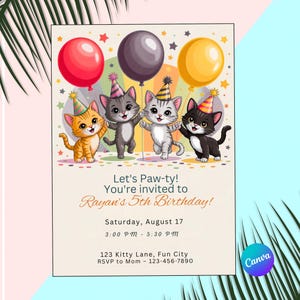 Editable Cat Birthday Invitation – Cute Kitty Party for 5 Year Old – Printable Colorful Template – Instant Digital Download C111209