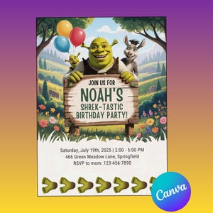 shrek birthday, shrek invitation, fairytale party, ogre theme, donkey invite, editable shrek cardC332232