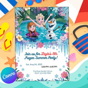 Frozen Summer Birthday Invitation – Elsa Anna Olaf Pool Party – Princess Girl Birthday – Editable Canva Template K1