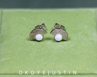 Pendientes de ópalo de plata de ley S925 con forma de abanico semicircular, pequeños pendientes de ópalo australiano