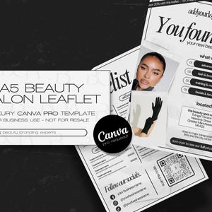 Plantilla Canva para volante de salón de belleza A5, volante de pestañas, cabello, salón, maquillaje, uñas, volantes listos para imprimir, volante de salón de belleza A5 de doble cara