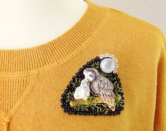 Great Grey Owl Bead Embroidered Brooch - A Mother's Love