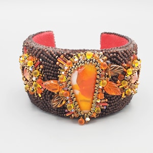 Autumn Leaves Bead Embroidered Cuff Bracelet Handmade Fall Jewelry with Dichroic Glass and Swarovski Crystals Adjustable Statement Piece