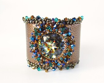 Swarovski Crystal Peacock Rivoli Adjustable Beaded Bracelet Cuff