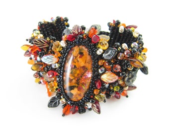 Fall Beaded Bracelet with Glass Dichroic Cabochon