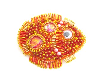 Beaded Brooch Pin Fish Tales Ocean Jewelry Bead Embroidery Bohemian Embroidered Brooches Orange Dichroic Cabochon Pins