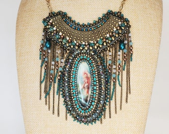 Beaded Mermaid Princess Necklace - Bead Embroidered Rhinestone Pearl and Sea Shell Chain Fringe Bib