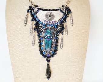 Polar Bear Totem Bead Embroidered Bib Necklace Northern Lights Paua Shell Austrian Crystal Jewelry