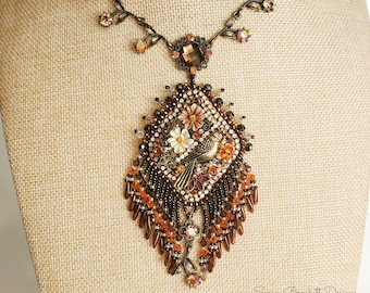 Bead Embroidered Rhinestone Pendant Necklace