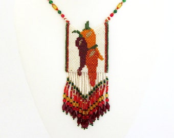 Chili Peppers Beaded Amulet Bag Necklace Southwestern Jewelry Bead Woven Western Necklaces Bohemian Boho Shabby Chic