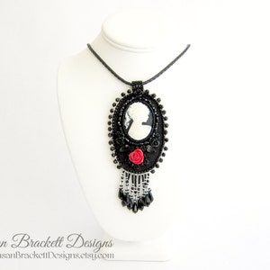 Beaded Cameo Necklace Bead Embroidered Statement Necklaces Cocktail Jewelry Silhouette Portrait Black and White Art Nouveau Womens Fashion image 1