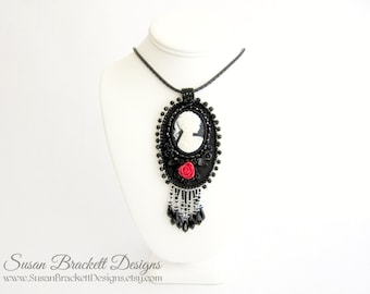 Beaded Cameo Necklace Bead Embroidered Statement Necklaces Cocktail Jewelry Silhouette Portrait Black and White Art Nouveau Womens Fashion