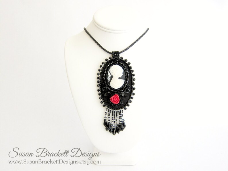 Beaded Cameo Necklace Bead Embroidered Statement Necklaces Cocktail Jewelry Silhouette Portrait Black and White Art Nouveau Womens Fashion image 1