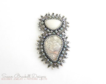 Beaded Brooch Pin, Stormy Nights, Bead Embroidered Brooches, Crazy Lace Agate Cabochon Pins, Boho Style Pearls