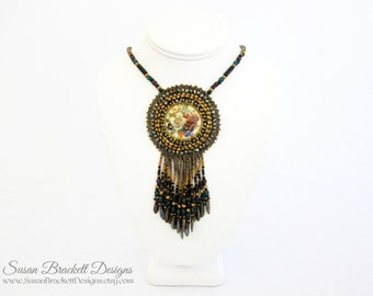 Beaded Cameo Necklace Cocktail Statement Necklaces Boho Chic Jewelry Bead Embroidered Bohemian Floral Cabochon Beads Jewellery