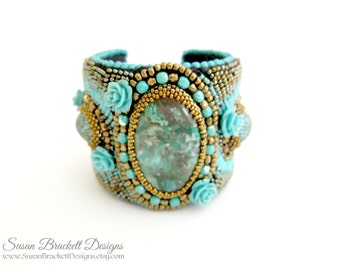 Turquoise Beaded Bracelet Boho Statement Cuff Bohemian Fashion Jewelry Native American Southwestern Western Beaded Turquoise Cabochon