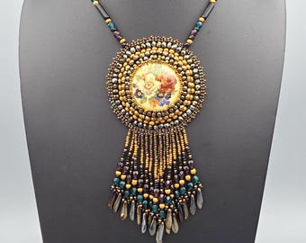 Jeweled Garden – Floral Cameo Statement Necklace, Bead Embroidered Necklace, One of a Kind Wearable Art