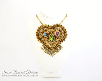 Gold Beaded Bib Necklace Bohemian Statement Necklaces Bridal Jewelry Boho Runway Fashion Piece Swarovski Crystals