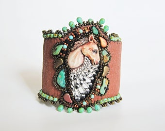 Winged Horse Turquoise Beaded Cuff Bracelet