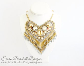 Beaded Bib Necklace Statement Jewelry Gold Crystal Bridal Necklaces Cocktail Jewellery Couture Runway Fashion Las Vegas Bead Embroidered