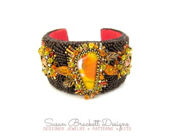 Autumn Leaves Beaded Cuff, Bead Embroidered Adjustable Bracelet, Boho Statement Cuffs, Fall Fashion Jewelry Handmade Glass Dichroic Cabochon