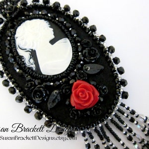 Beaded Cameo Necklace Bead Embroidered Statement Necklaces Cocktail Jewelry Silhouette Portrait Black and White Art Nouveau Womens Fashion image 4