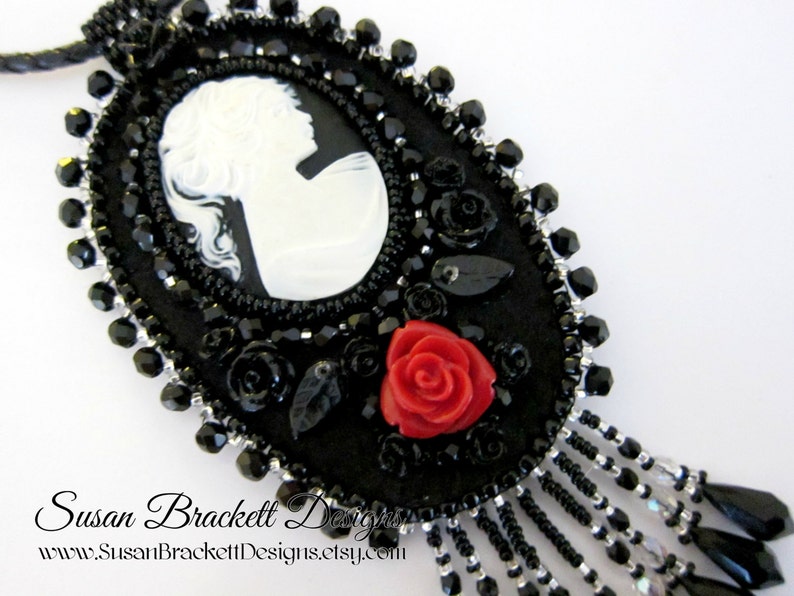 Beaded Cameo Necklace Bead Embroidered Statement Necklaces Cocktail Jewelry Silhouette Portrait Black and White Art Nouveau Womens Fashion image 4