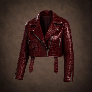 May include: A cropped burgundy jacket featuring a glossy crocodile-embossed texture. This garment includes a notched collar, silver-toned metal zips on the front and cuffs, a small flap pocket, and two adjustable buckled straps at the hemline.