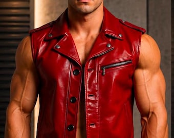 Gilet de motard en cuir véritable rouge pour homme | Gilet de motard fait main, style punk